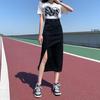 Qooth Casual Women Black Denim Skirt Side Slits Asymmetrical Bodycon Mid Length Slim Simple Skirt QT2652
