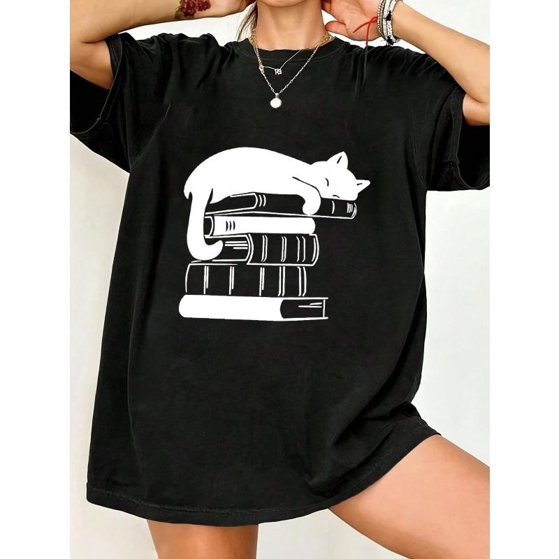

Black Oversized T Shirt With Cat Sleeping On Books Print For Casual Wear And Book Lovers XXXXL чёрный