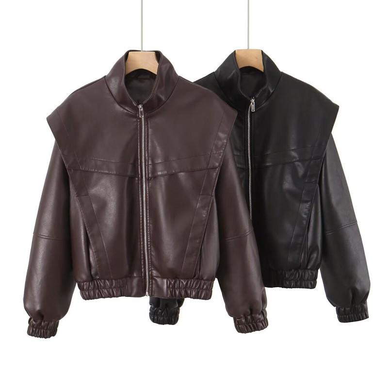 Womens Vintage Inspired Bomber Jacket PU Leather Long Sleeve Loose Fit Streetwear Outerwear