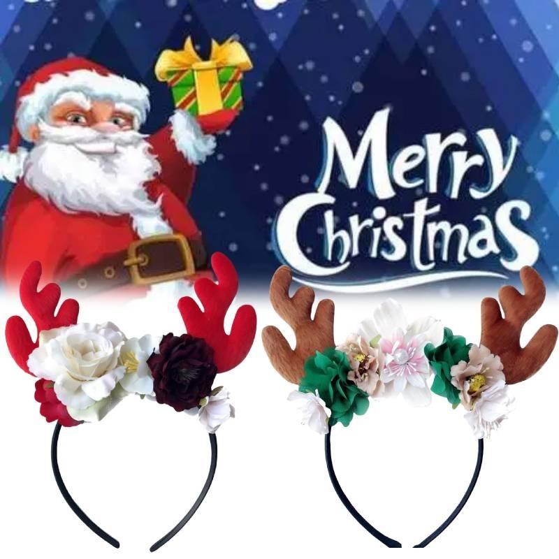 Festive Red Velvet Reindeer Antlers Headband With Floral Design For Girls