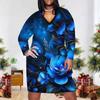 Women Plus Size V Neck Long Sleeve Blue Floral Printed Fitted Straight Dress