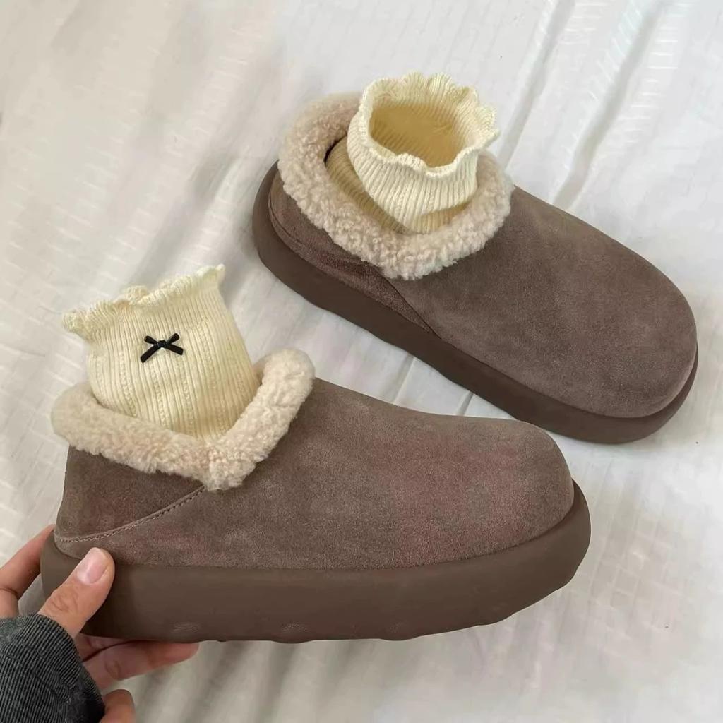 Wool version~ fur integrated snow boots for women, new thick soles in winter, heightened, two women wearing large potato thickened cotton shoes
