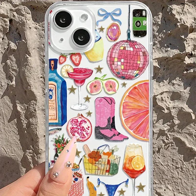 Hot selling Clear Case for iPhone 16 12 13 mini 11 14 15 Pro Max XR 7 8 Plus Disco Ball Cocktail Fruit Soft Silicone Cover