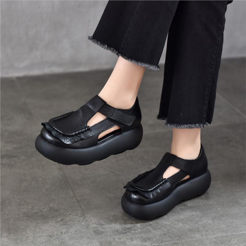 Johnature Retro Genuine Leather Roman Sandals Comfortable And Versatile Round Toe Thick Soled Women's Shoes
