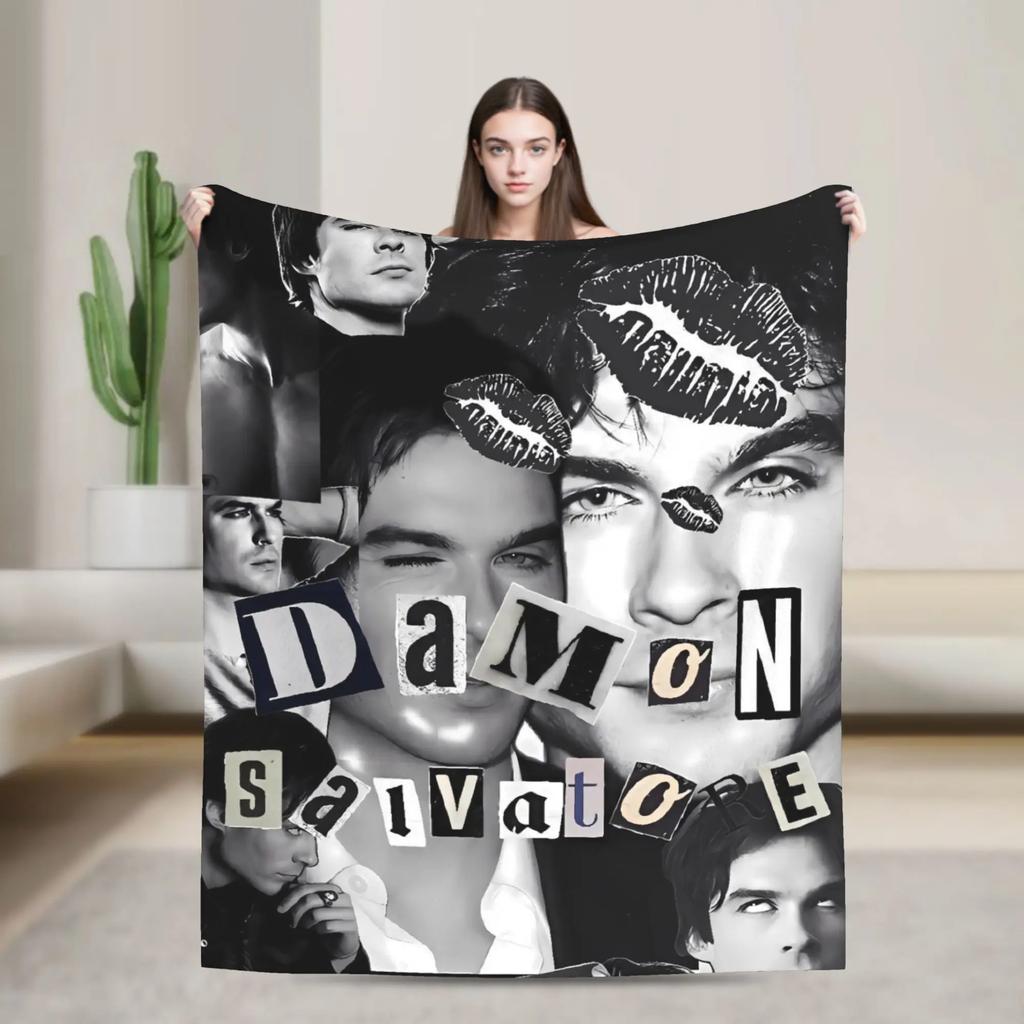 The Vampire Diaries Damon Salvatore Coperta Plaid Peluche Super Morbida Flanella Copriletto per Camera da Letto Campeggio Copri Letto