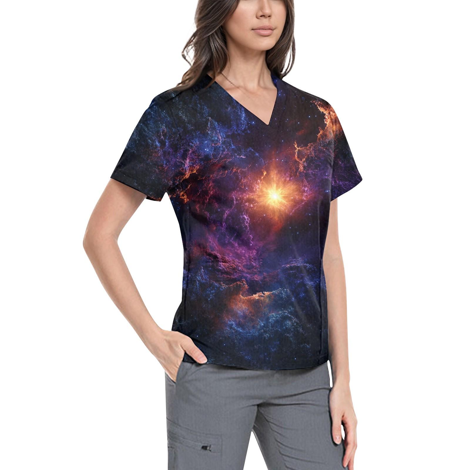 

Женская симпатичная принтованная рабочая одежда с V-образным вырезом, двухслойными карманами, базовым коротким рукавом, пуловером XXL