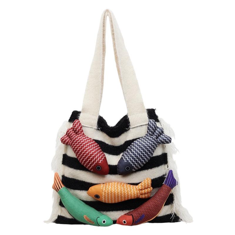 Cute Little Fish Knitted Tote Bag Summer Breathable Lightweight Versatile Commuter Shoulder Bag for Family Weekend Trips