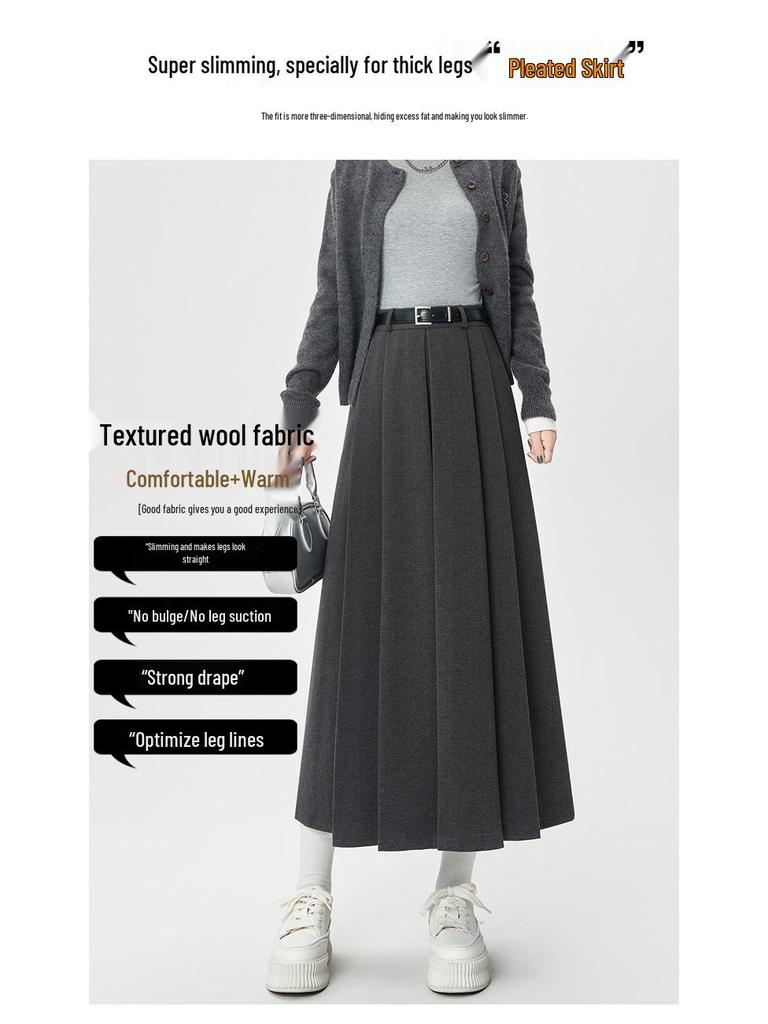 Women's 2024 High-Waisted Wool Pleated Midi Skirt – Autumn/Winter Slimming A-Line