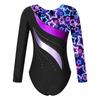 Girls Shiny Rhinestone Leotard Long Sleeve Round Neck Bronzing Fabric Pattern Print Performance Bodysuit