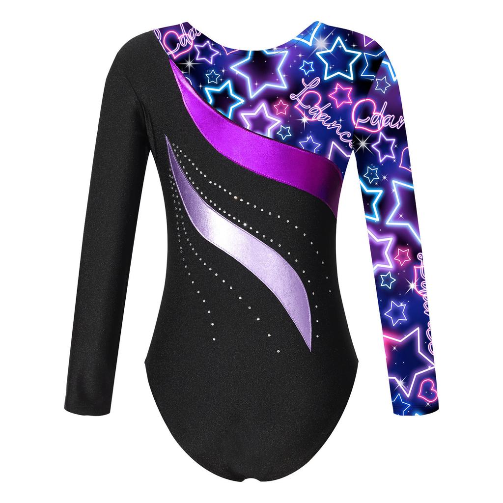 Girls Shiny Rhinestone Leotard Long Sleeve Round Neck Bronzing Fabric Pattern Print Performance Bodysuit