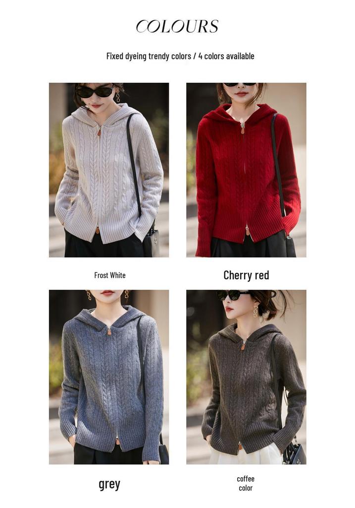 2025 Thickened Jacquard Knit Hooded Wool Cardigan: Women's Cable Knit Short Hoodie, Solid Color