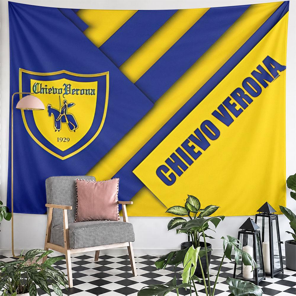 Diagonal blue and yellow stripes with "CHIEVO VERONA" and a shield logo. Patterned tapestry for bedroom and living room home decor