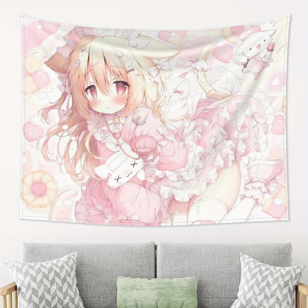 VIKAMA Cute Cat Ear Girl Gaming Tapestry Pink Dress Girl Game Theme Living Room Sofa Background Wall Room Decoration