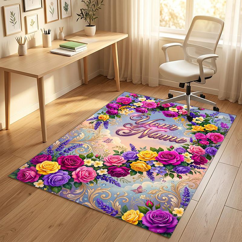 Floral Garden Theme Crystal Velvet Rug Personalized Custom Name Text Soft Floor Mat Home Decor