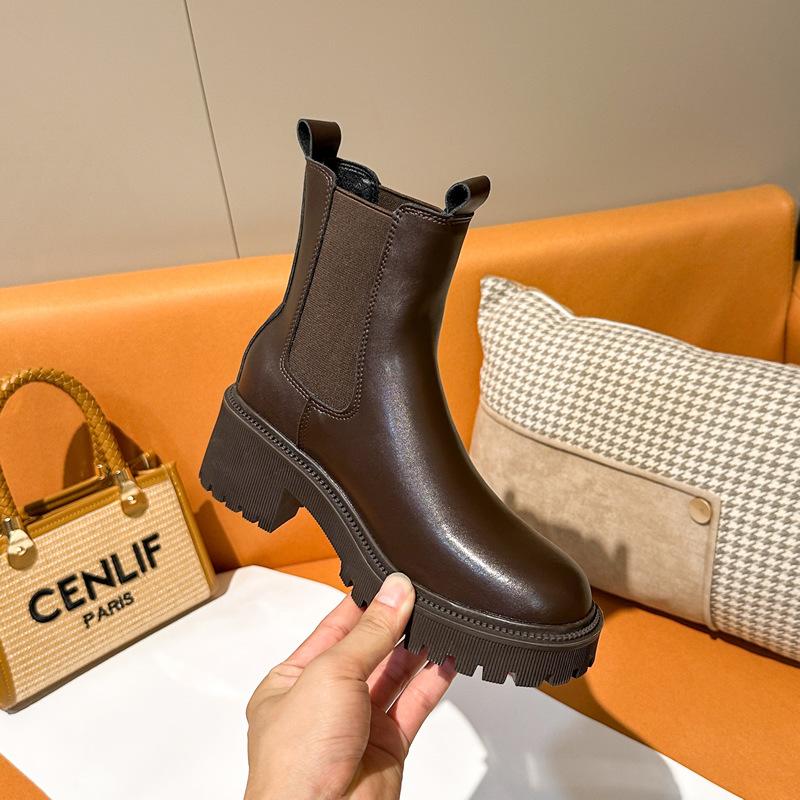 New Chelsea Short Boots Women's British Short Single Boots Round Martin Boots Heightened Thick-soled Cigarette Boots