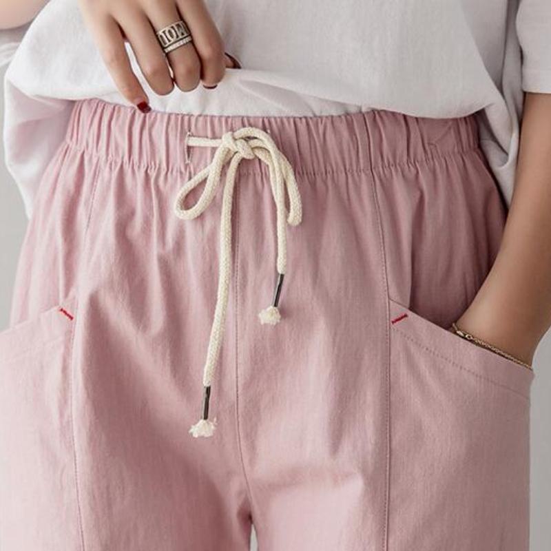 Harun-Hosen für Damen, Sommer, dünne Schnürung, elastische Taille, Baumwoll-Leinen-Hosen, lässige, schlanke, bauchfreie Rettich-Hosen