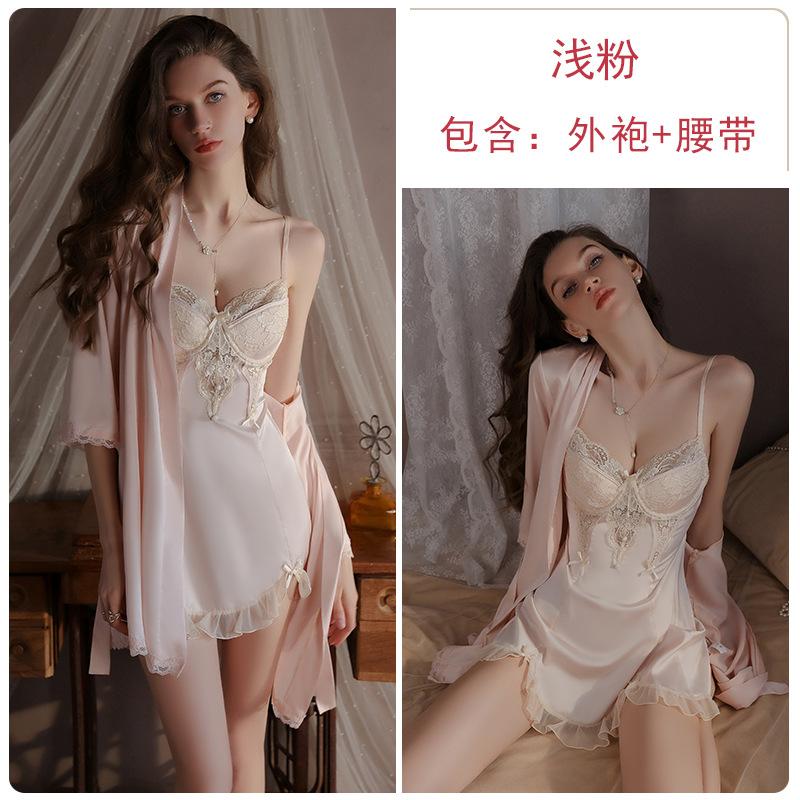 Sweet Embroidered Lace Plus Chest Pad Deep V Seduction Satin Nightdress Robe Women's Home Set