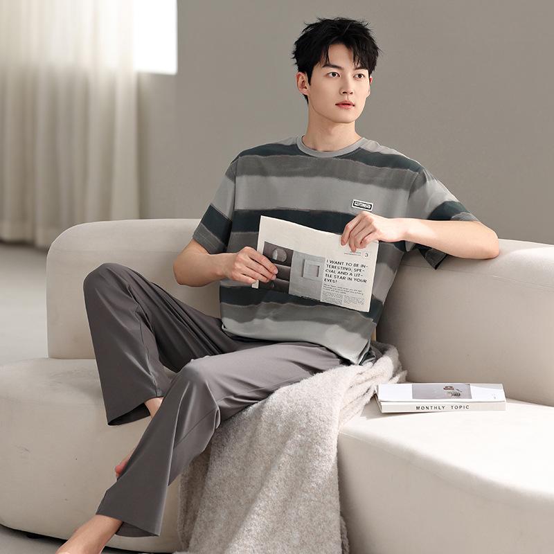 Men's pajamas summer cotton short-sleeved trousers 1011 new thin youth large-size loungewear suit