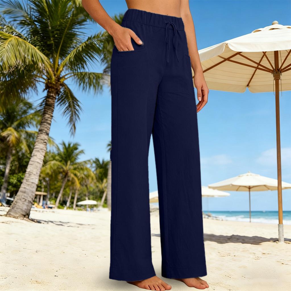 Women's Fashionable Elasticated Casual Color Wide-leg Trousers