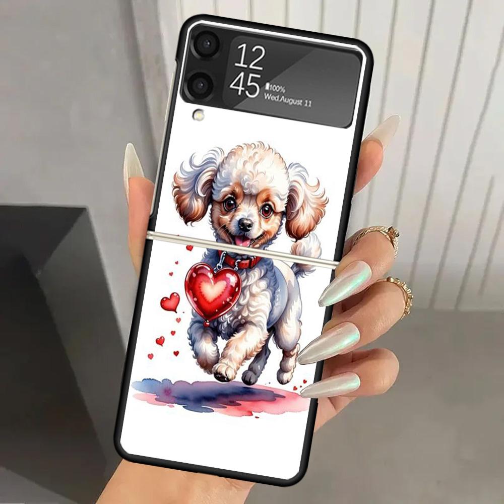 Lovely Puppy Heart Dogs Hard PC Phone Case For Samsung Galaxy Z Flip 7 6 5 4 3 Black ZFlip7 ZFlip6 Flip5 Flip4 Flip3 5G Print Co