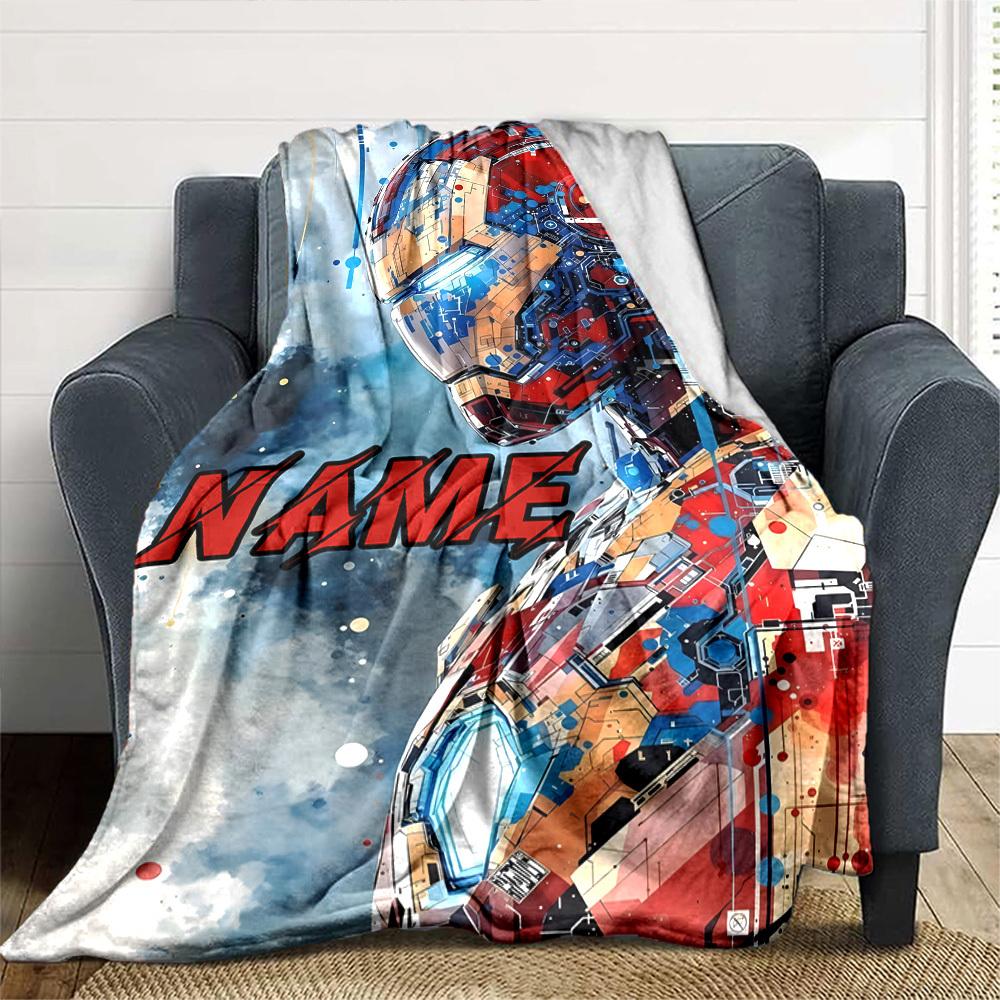 Iron Man In Action With Glowing Repulsors And A Futuristic Background Throw Customizable Blanket Customize Text Warmthful Decor For Sofa Couch Office
