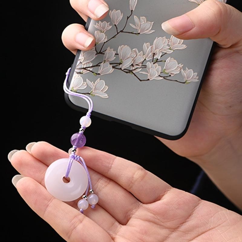 Vintage White Jade Buckle Pendant Phone Strap Chain Accessory Chinese Style Keychain Charm Unique Gift for Women Girls