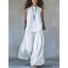 Completo Casual Estivo da Donna a Due Pezzi: Camicetta Senza Maniche con Bottoni e Pantaloni a Gamba Larga