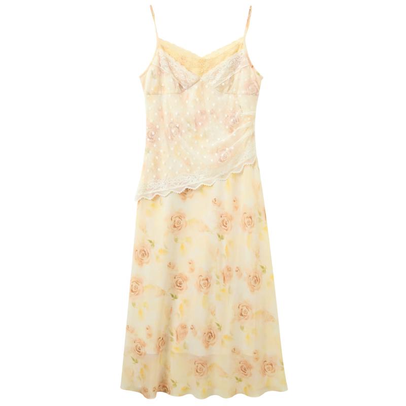 Sancai Floral Lace V-Neck A-Line Midi Dress M