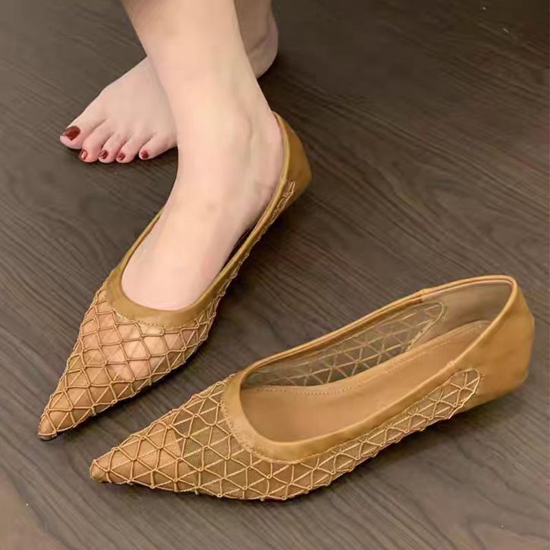 Mesh Women Heeled Shoes Pointed Toe Low Heels Shoes Dress Shallow Woman Sandals 2025 Summer New Luxury Chaussure Femme