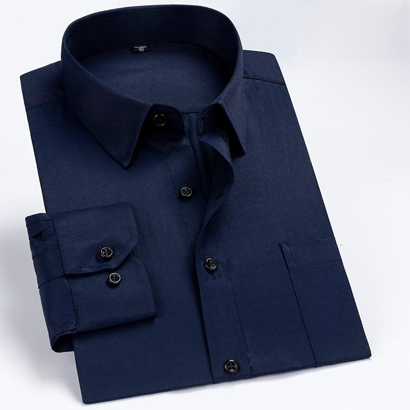 New Men Formal Shirt Long Sleeve Office Solid Color Striped Anti-Wrinkle Fashion Business Pocket White Social Pocket Shirt S-7XL