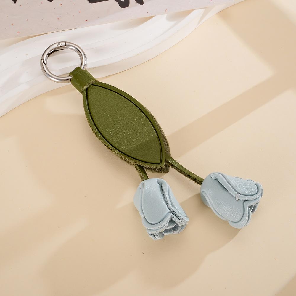 Faux Leather Tulip Bag Charm Double Flower Leaf Minimalist Floral Pendant Accessory for Women Gift Accessory Bag Charm