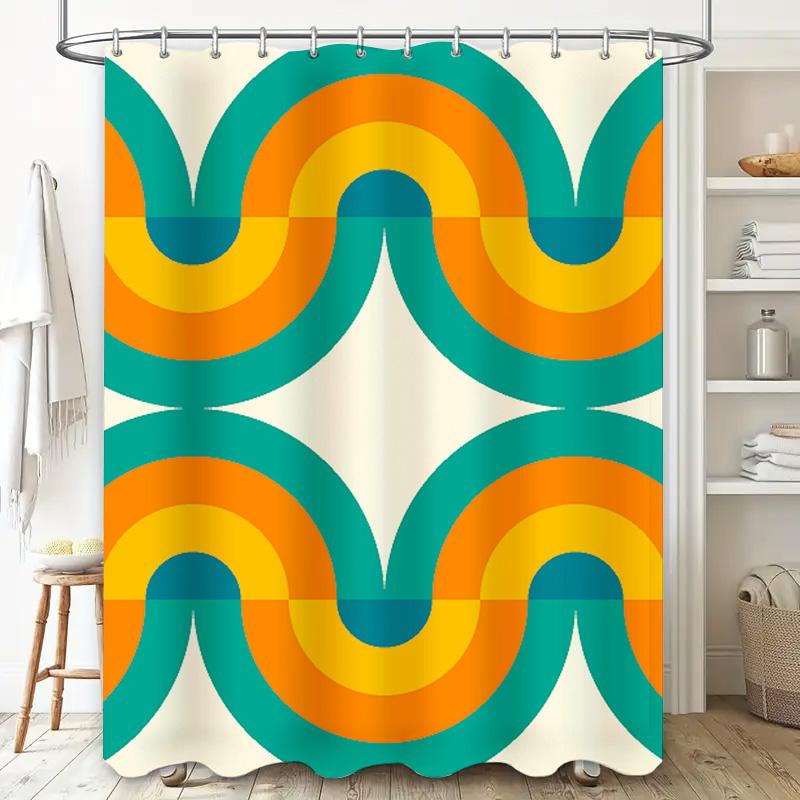 Modern Waterproof Bathtub Shower Curtain with Vivid Retro Pattern for Bathroom Decor Orange Blue Teal Green White Set
