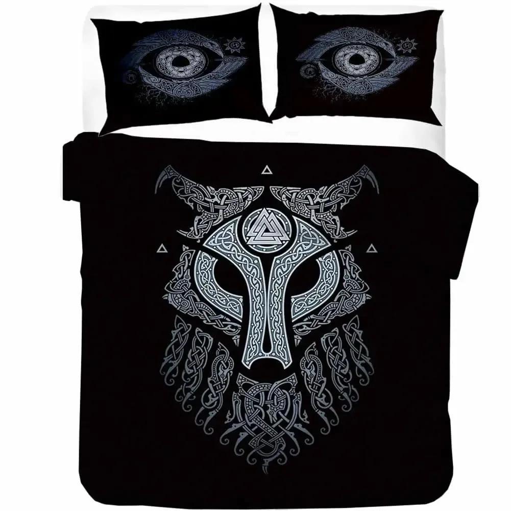 Wikinger Vintage King Queen Bettbezug Nordischer Mythos Bettwäsche Set Mittelalter Folklore Totem Quiltbezug Grau Polyester Bettbezug