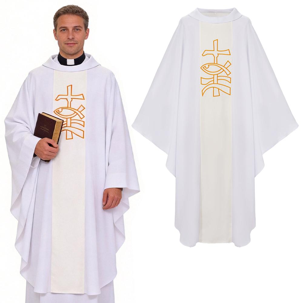 Priest Costume Robe Catholic Church Religion Christ Pastor Clergy Men Cape Robe Mass Vestments Printed Robe Halloween Costumes