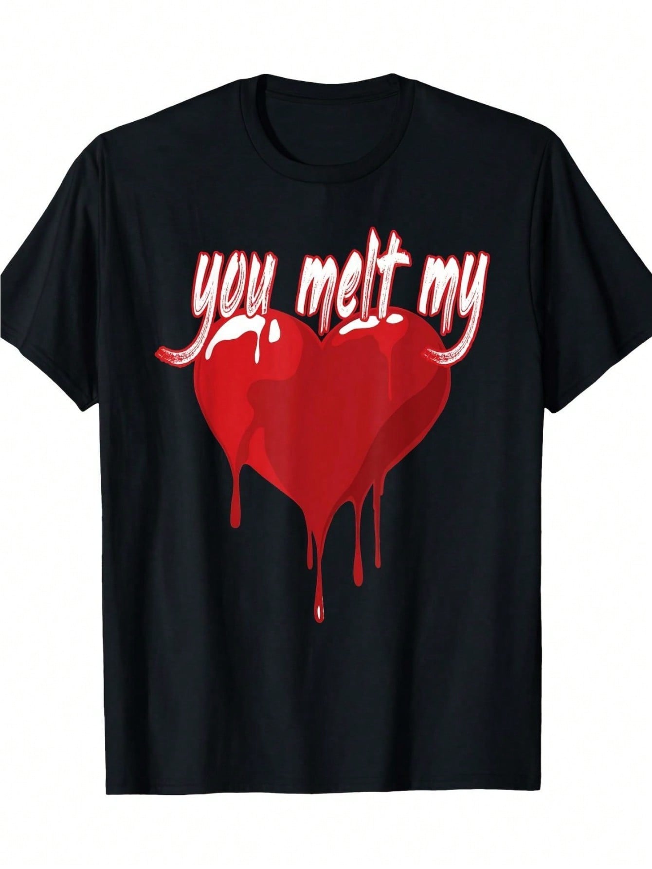 unisex s Short Sleeved T-Shirt,  You Melt My Heart - Romantic Heart Pattern T-Shirt, Soft Breathable Black T-Shirt With Red Love Message, Valentine s S разноцветный