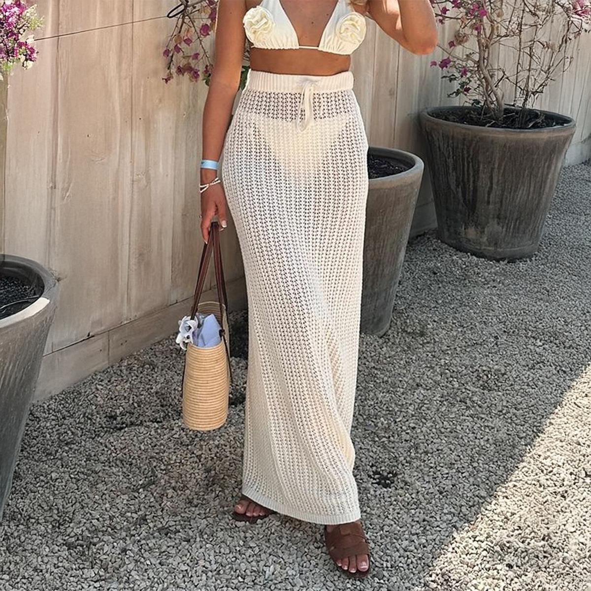Women European American Vacation Hollow Knitted High Waist Lace Up Slim Beach Maxi Skirt S белый