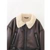 VAYLA Women Retro Loose Spliced Faux Leather Soft Fur Short Jacket Winter Female Zipper Belt Coat Vintage Outwear