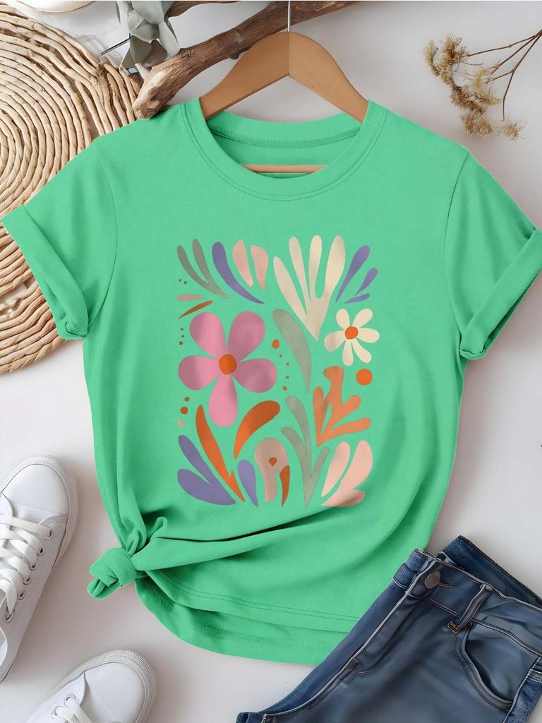 Artistic Floral Graphic Print Women T-shirt Chic Fresh Trendy Summer Cotton Short Sleeve Tee