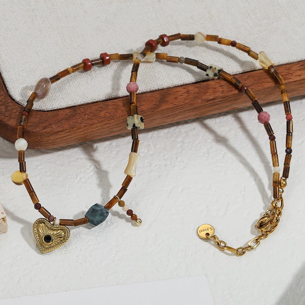 GEMCHIC Women's Retro Vintage Heart Natural Tiger Eye Stone Necklace, Colorful Beaded Clavicle Chain with Gold Pendant for Spring