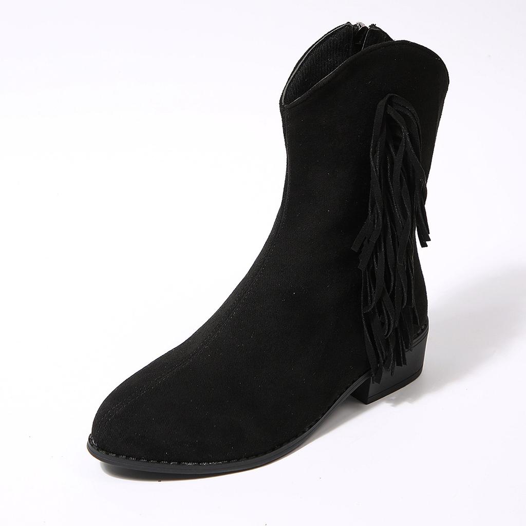 Fringe Boots Women's Winter 2025 New Plus-size British-style Thick-heeled V-mouth Booties