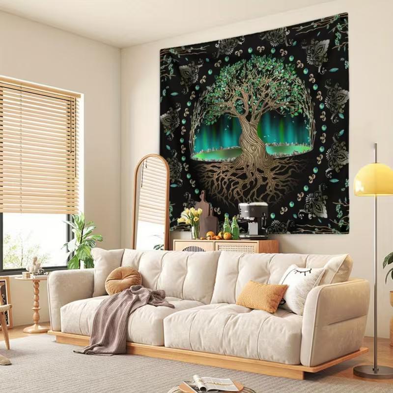 2D Tree of Life Tapestry with Northern Lights Black Background Wall Hanging