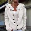 Women's Christmas Snowflake Fashion Casual Versatile Cardigan Autumn Winter New Style White Round Neck Button Knit Top