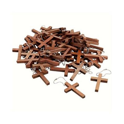 100Pcs Mini Wooden Crucifix Pendant With Beaded Chain For Keychain or Bag Charm Natural Wooden Jewelry Accessory