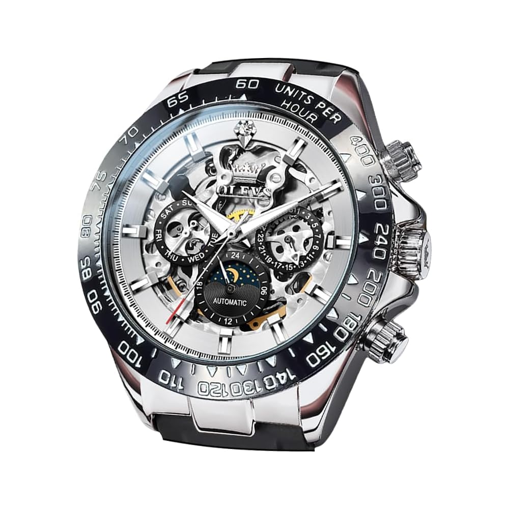 OLEVS Men s Automatic Skeleton Watch Waterproof Date Luminous Diamond Fashion Business White