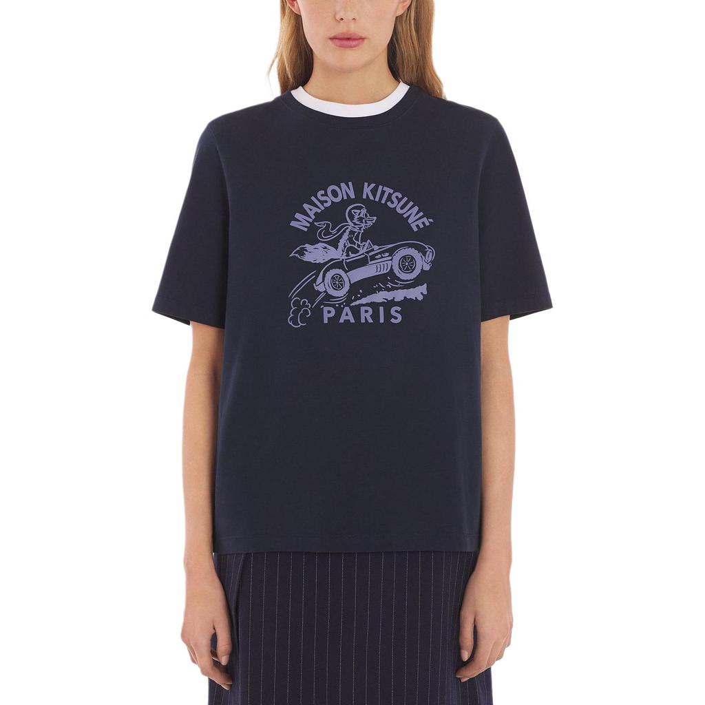 Maison Kitsune Printed Pattern Round Neck Pullover Straight Short Sleeve T-Shirt Women t-shirts Dark-Blue MW00112KJ0008-P476