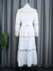 Chic Women Hollow Out Lace Splice Mock Neck Long Sleeve A Line Midi Dress with Belt Casual Party Club Outfits Plus Size