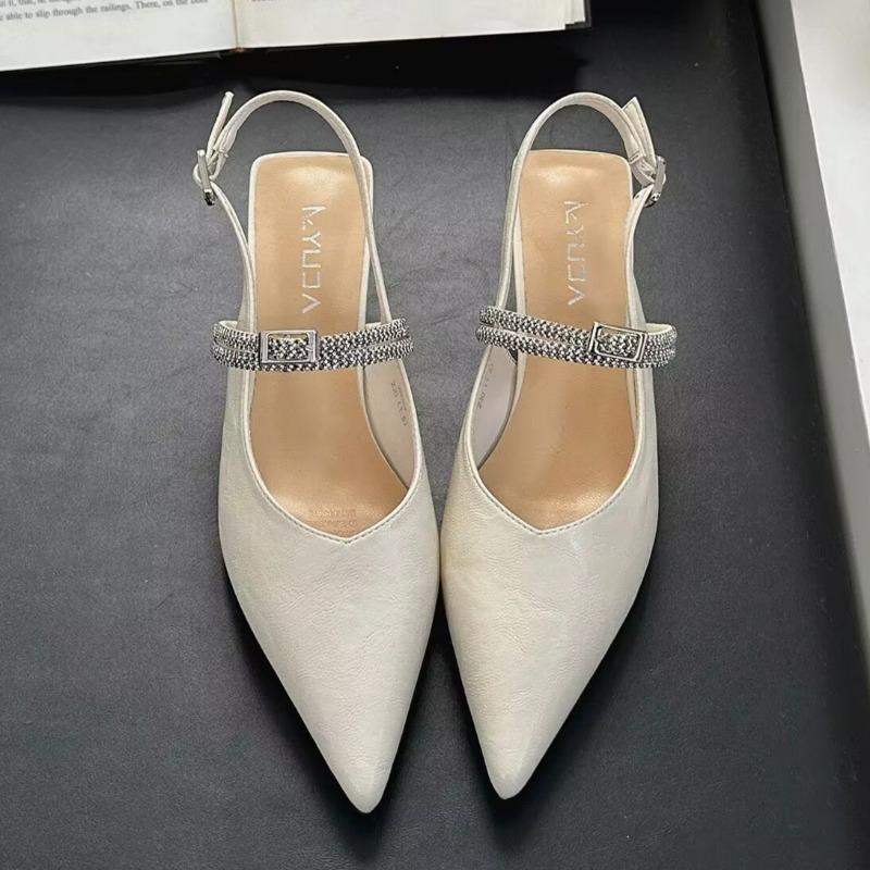 

Fashion Stiletto Sandals Spring New Style Pointed Head Shallow Mouth Metal Buckle Crystal Belt Anti-slip Wear-resistant Heel Shoes 35 грязно-белый