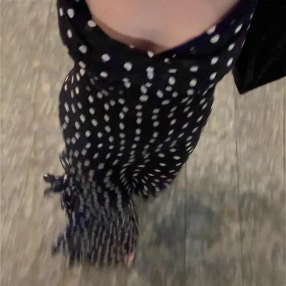 Black and White Polka Dot Halterneck Maxi Dress with Ruffled Hem and Drape