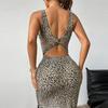 Summer Square Collar Leopard Printed Side Slit Long Dress Women Streetwear Bodycon Dress Sexy Sleeveless High Waist Tank Dresses