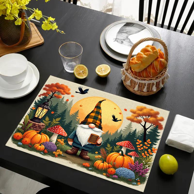 4 Stück/6 Stück Herbst-Elemente Thanksgiving Halloween Feiertagsdekoration Leinen-Tischsets mit Herbst-Gnom Kürbis Pilz 2D Flaches Muster Druck. Wunderschön und